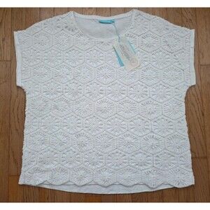 Blue Illusion Women's Lace Front Top White Short Sleeve Shirt Size 2L Cotton NEW